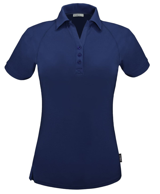A navy polo shirt featuring a button-up collar and a small logo on the side.