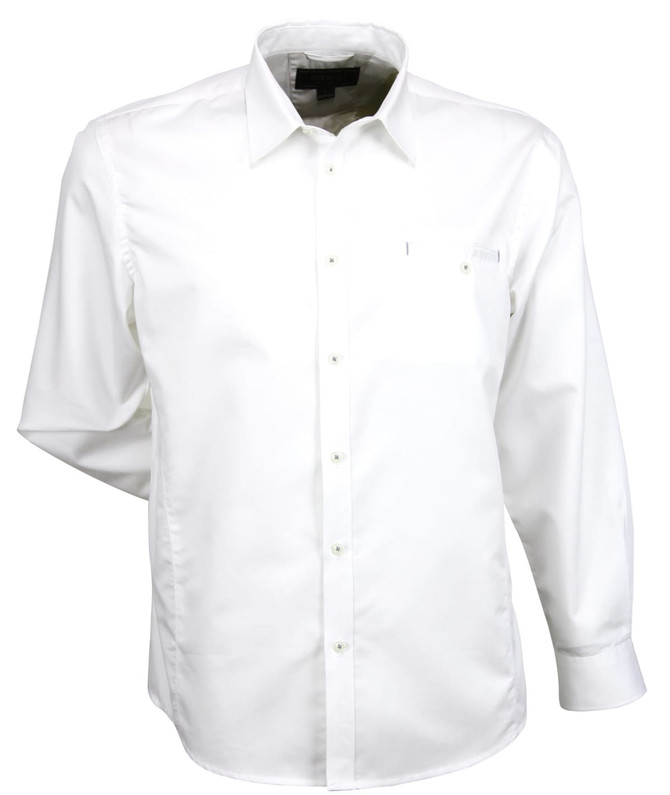 A white long-sleeve button-up shirt featuring a pocket and a logo.