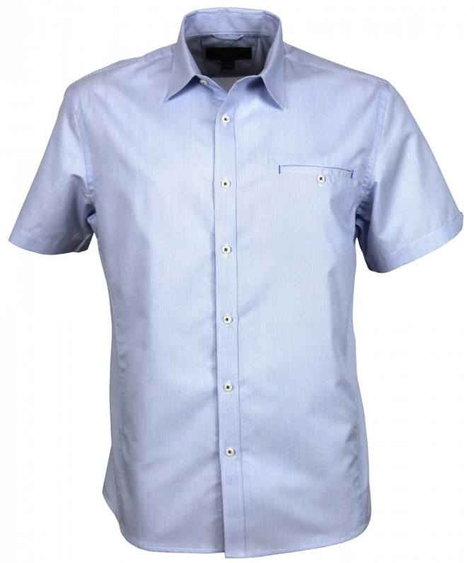 A short-sleeved, button-up shirt in light blue with a chest pocket and a brand logo.