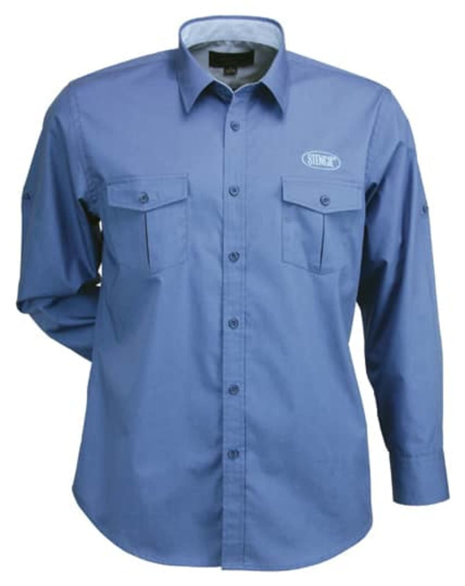 A long-sleeved button-up shirt in light blue with two chest pockets and a logo.