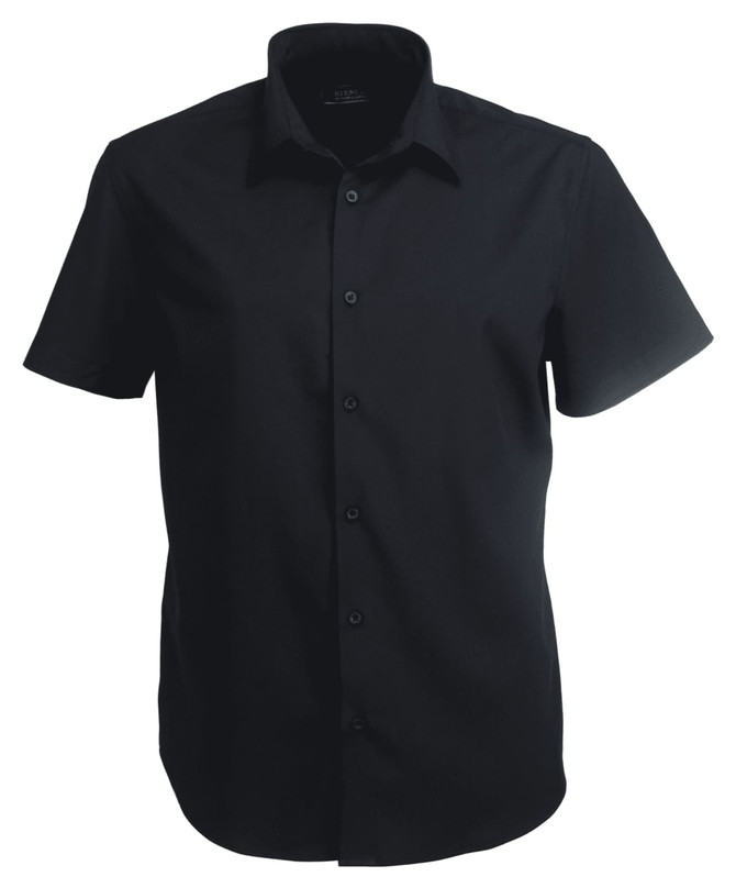 A short-sleeved, black button-up shirt with a collar and a logo.