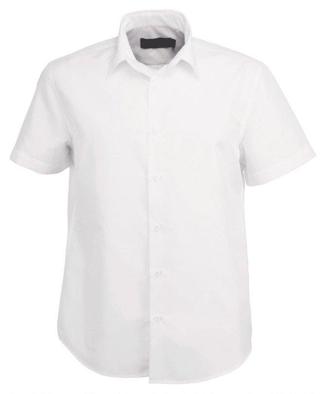 A short-sleeved white button-up shirt with a collar and a logo on the chest.