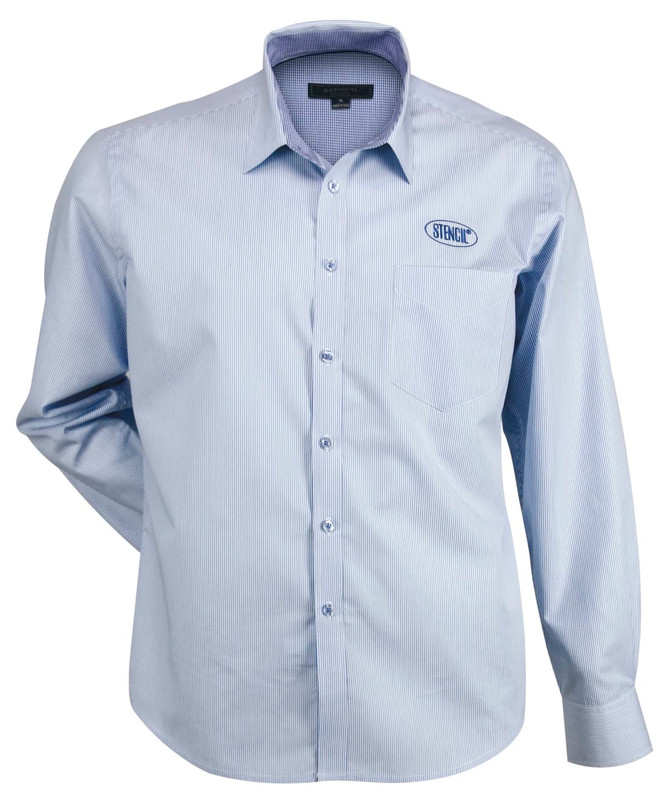 A long-sleeved, button-up shirt in light blue with a striped pattern and a pocket. It features a logo on the chest.