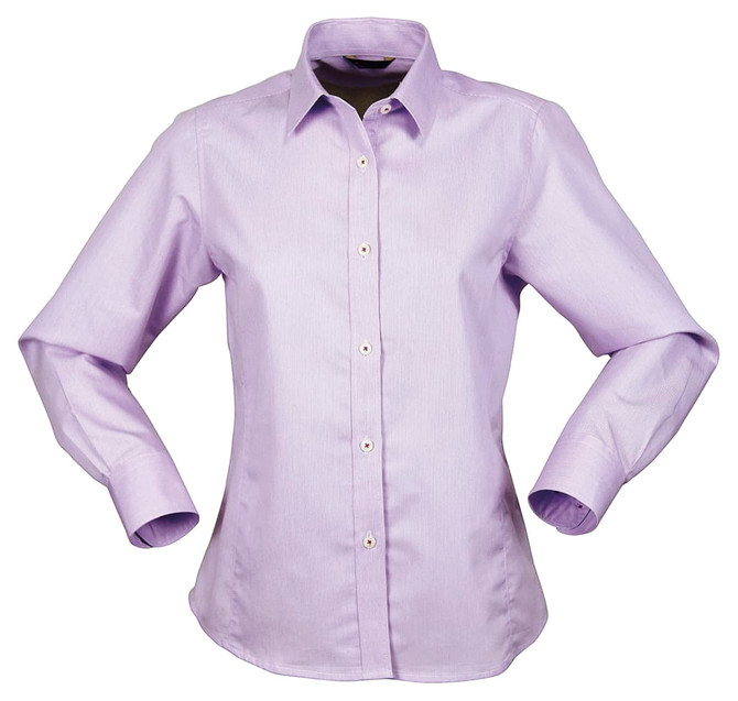 A lilac long-sleeve ladies' button-up shirt featuring a fitted silhouette and a logo.