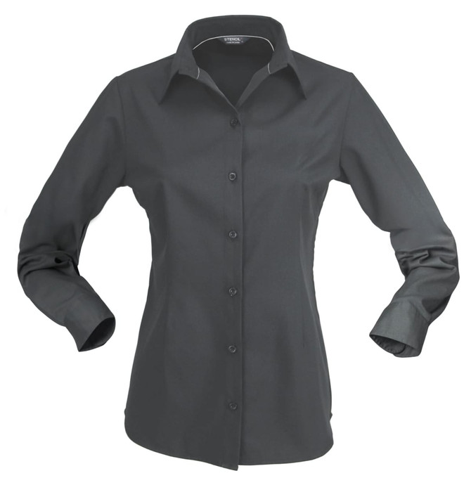 A long-sleeve, button-up ladies' shirt in dark grey with a collar and a branded logo.