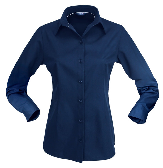 A ladies' long sleeve button-up shirt in dark navy, featuring a classic collar and button front.