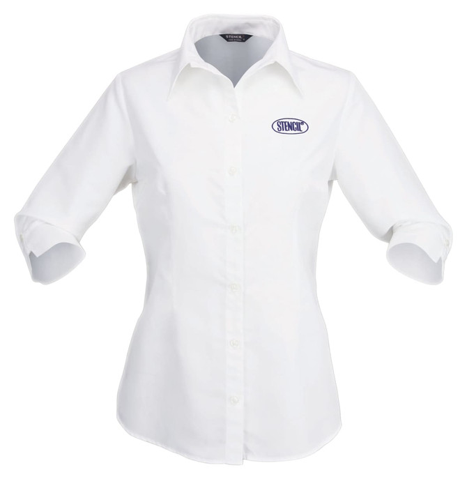 A white button-up shirt with three-quarter sleeves and a branded logo on the chest.