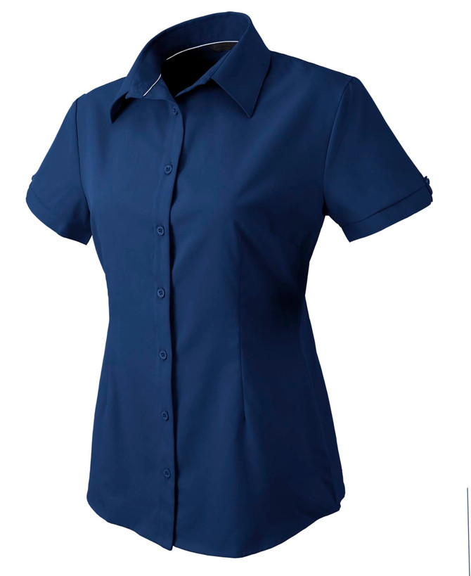 A navy blue women's button-up shirt with short sleeves and a collar, featuring a logo detail.