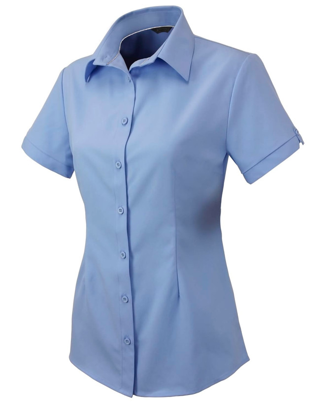 A light blue button-up shirt for ladies, featuring short sleeves and a collar. The shirt has a logo.