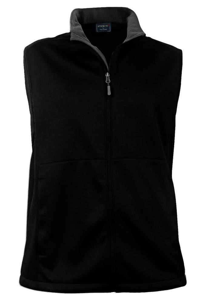 A men's softshell vest in black with a grey collar, featuring a front zip and two side pockets.