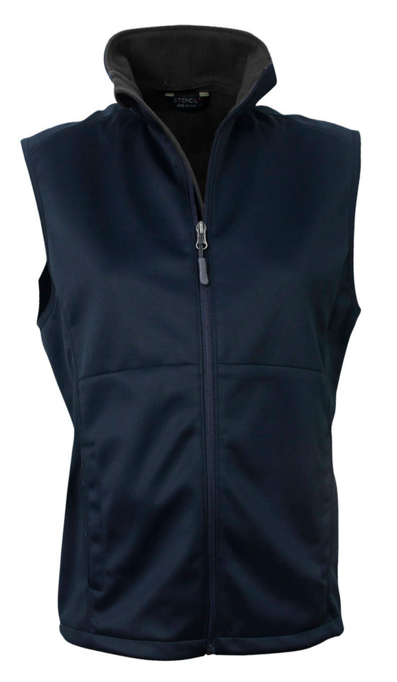 A navy blue ladies' softshell vest with a high collar and a front zip, featuring a logo on the chest.