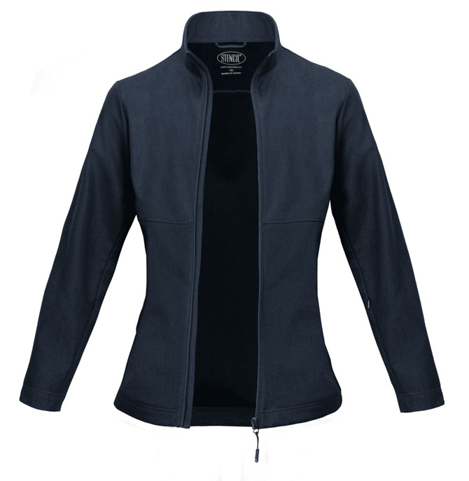 A navy blue women's jacket with a zip front and a collar, featuring a branded logo.