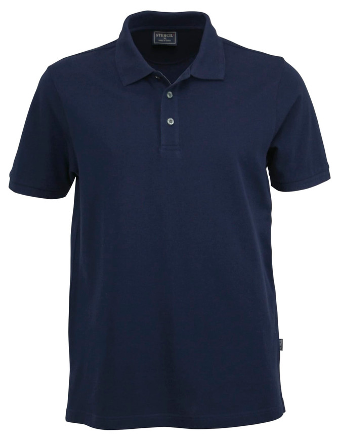 A navy blue men's polo shirt with a collar and three buttons, featuring a logo on the side.