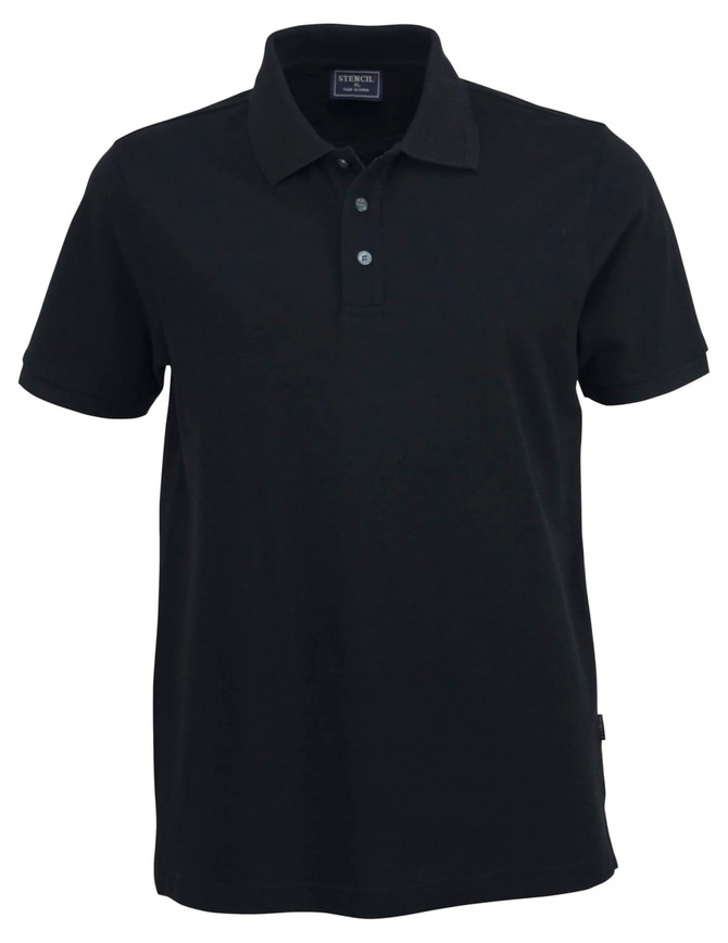 A black men's polo shirt with a collar and three buttons, featuring a branding logo.