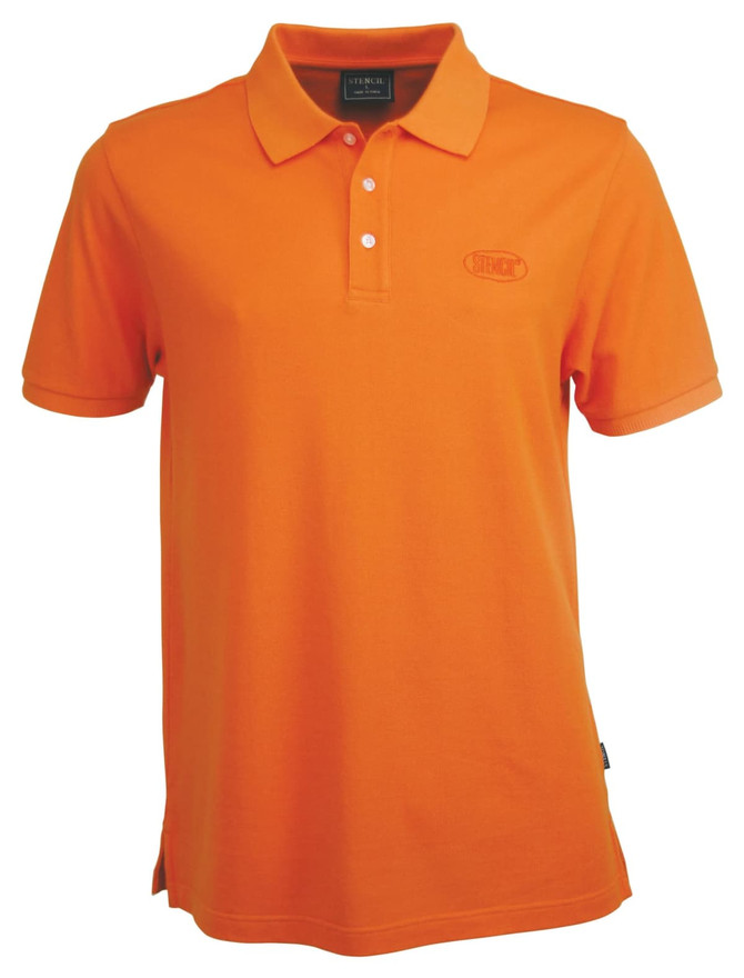 An orange men's polo shirt with a collar, featuring a logo on the chest.