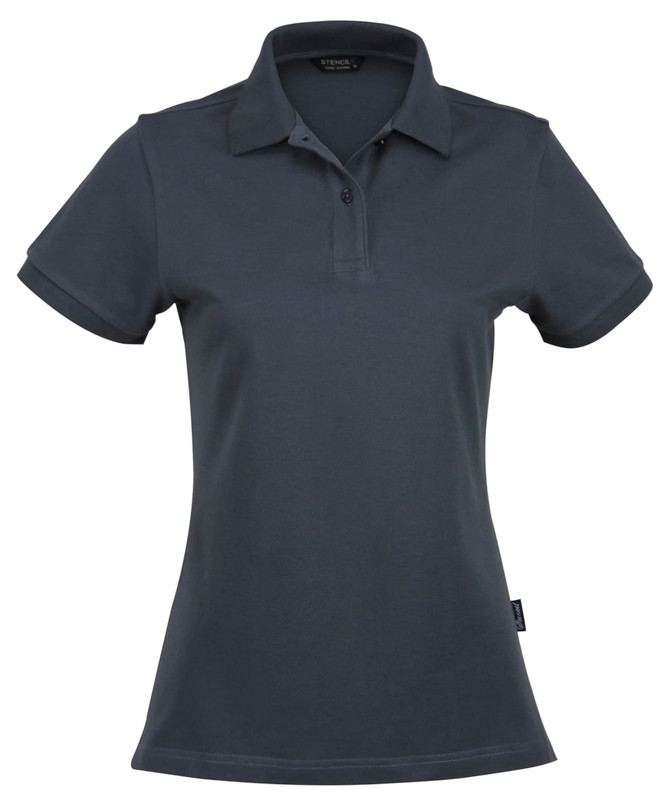A dark grey women's polo shirt featuring a collar and short sleeves, with a logo on the side.