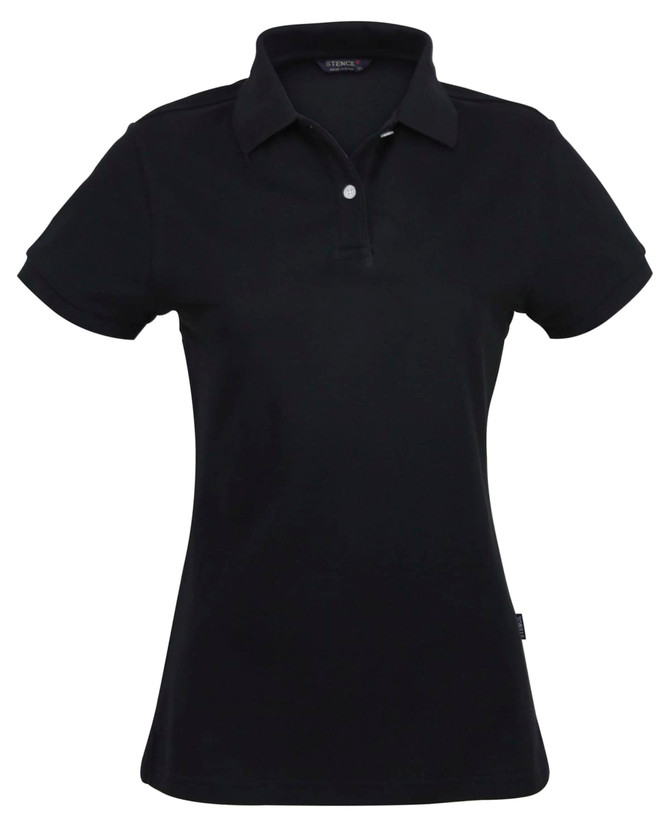 A black ladies' polo shirt with a collar and button placket, featuring a logo on the side.