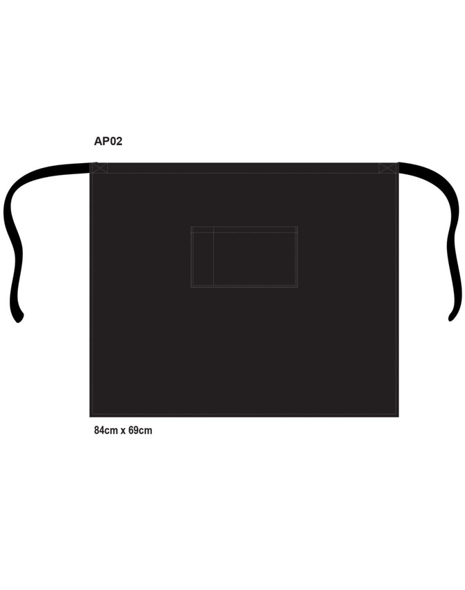A black short waist apron with ties and a pocket, measuring 84cm x 69cm, featuring a logo.