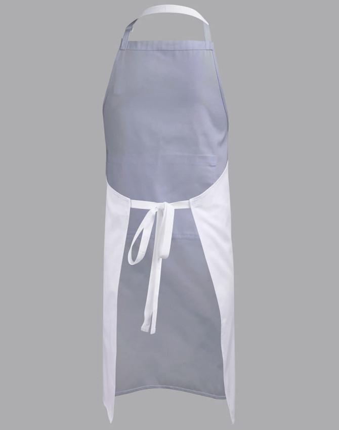 A bib apron featuring a grey top and white lower section, with an adjustable neck strap and a tied waist.