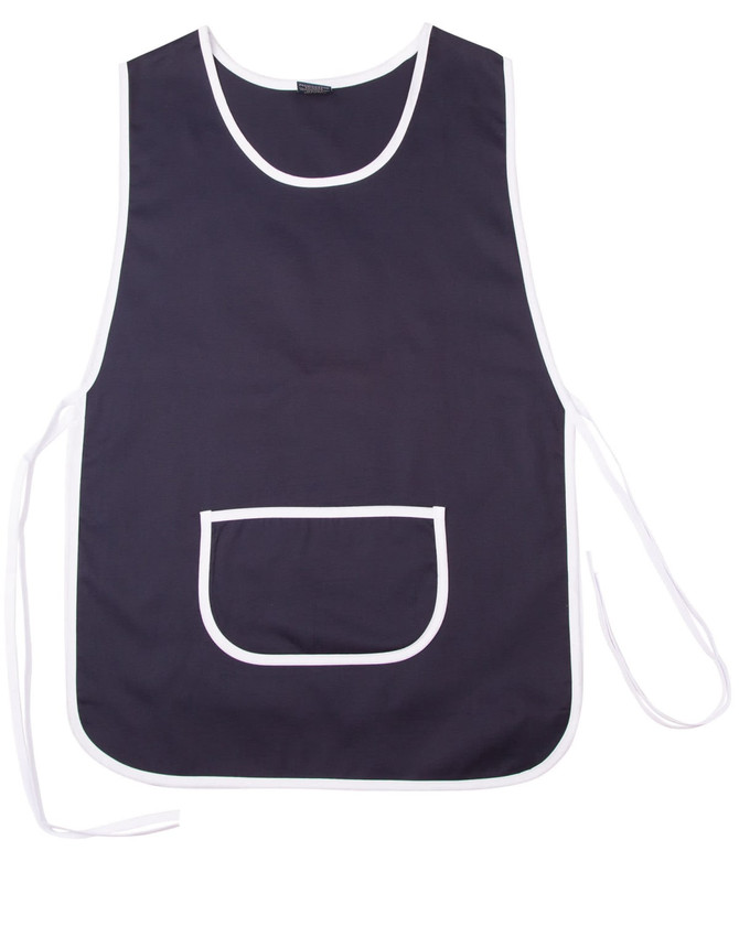 A navy blue ladies' smock with white trim and a front pocket, featuring ties on the sides.