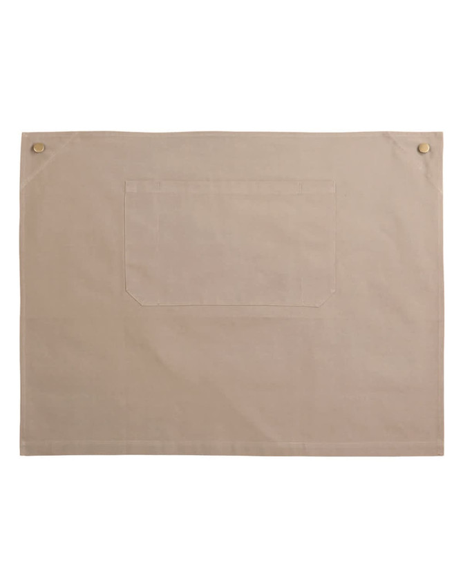 A beige half waist apron featuring a pocket and two buttons, with a logo present.