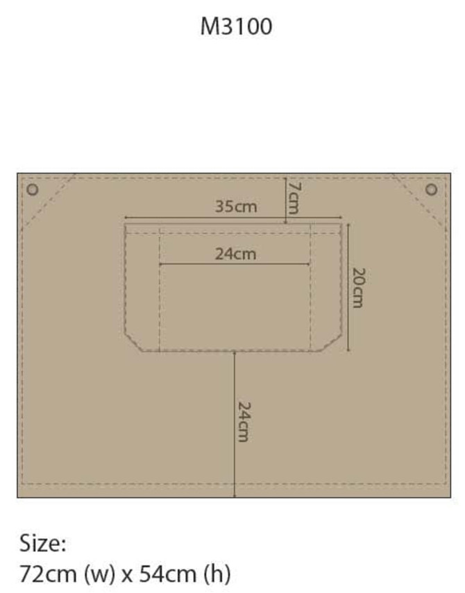 A tan canvas short waist apron featuring a front pocket, measuring 72cm wide and 54cm high. It has a logo.