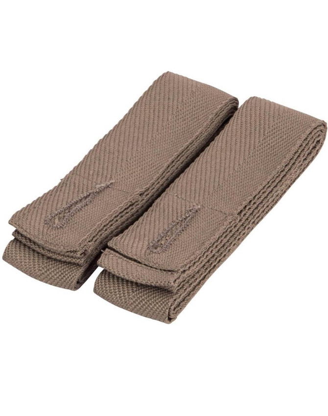 Changeable apron straps in a tan colour, featuring a woven texture and two segments for adjustable fitting.