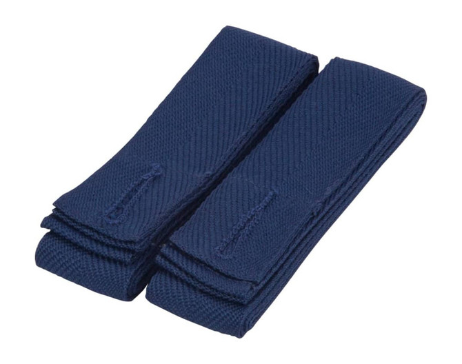 A pair of navy blue changeable apron straps neatly stacked, featuring a textured fabric design.