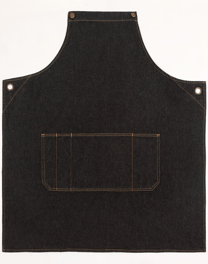 A dark denim bib apron featuring a front pocket and metal eyelets. It has a simple, durable design suitable for work.