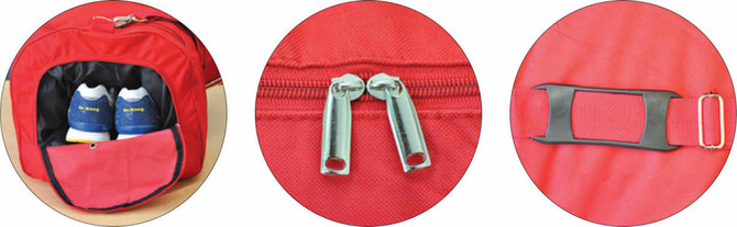 A red duffle bag with a zippered compartment revealing shoes, featuring dual zippers and a buckle strap.