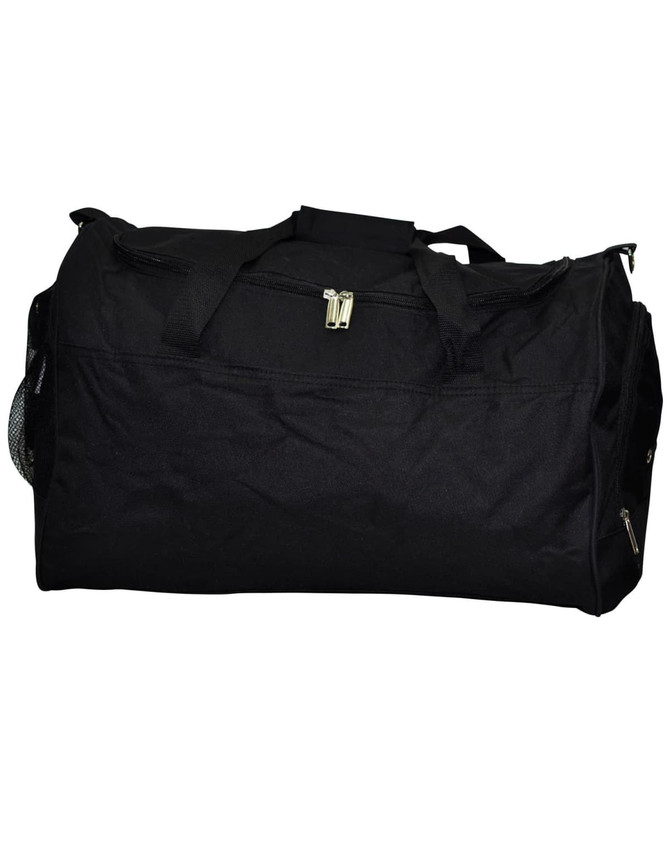 A black duffle bag with a zippered closure and shoulder straps, featuring a mesh pocket on one side.