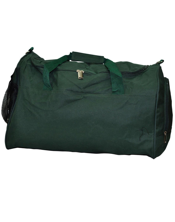 A dark green duffle bag with dual handles and a mesh pocket on one side. It features a zipper closure and branding.