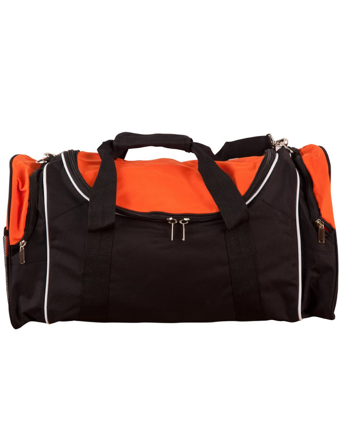 A black and orange duffle bag with zippers and handles, featuring a logo on the side.