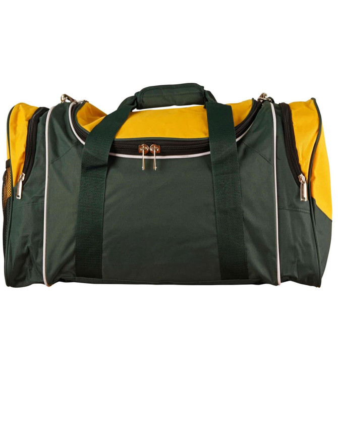 A green and yellow duffle bag with dual handles and a zipper closure, featuring a logo on the side.