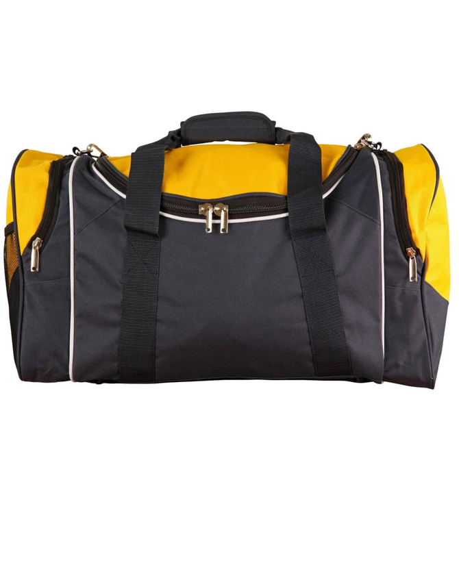 A black and yellow duffle bag with two handles and a zippered compartment, featuring a logo on the side.