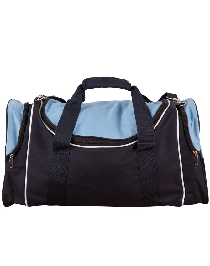 A duffle bag in navy blue and light blue with a zip closure and two side pockets. It features a logo.