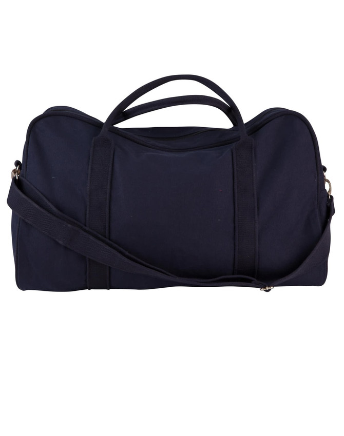 A dark navy cotton canvas sports bag with handles and a detachable strap. It features a logo on the front.