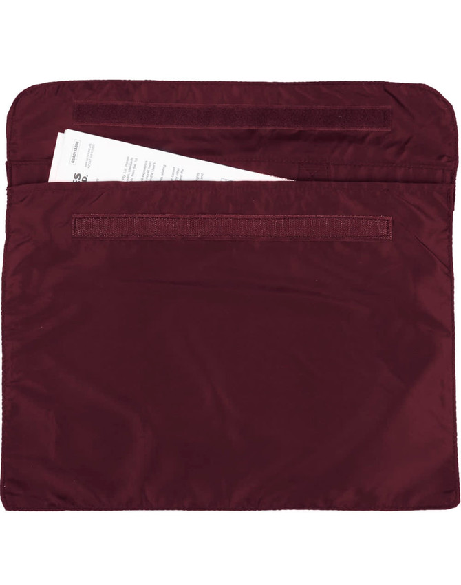 A burgundy satchel with a top opening and a rear pocket, designed for holding documents and files.