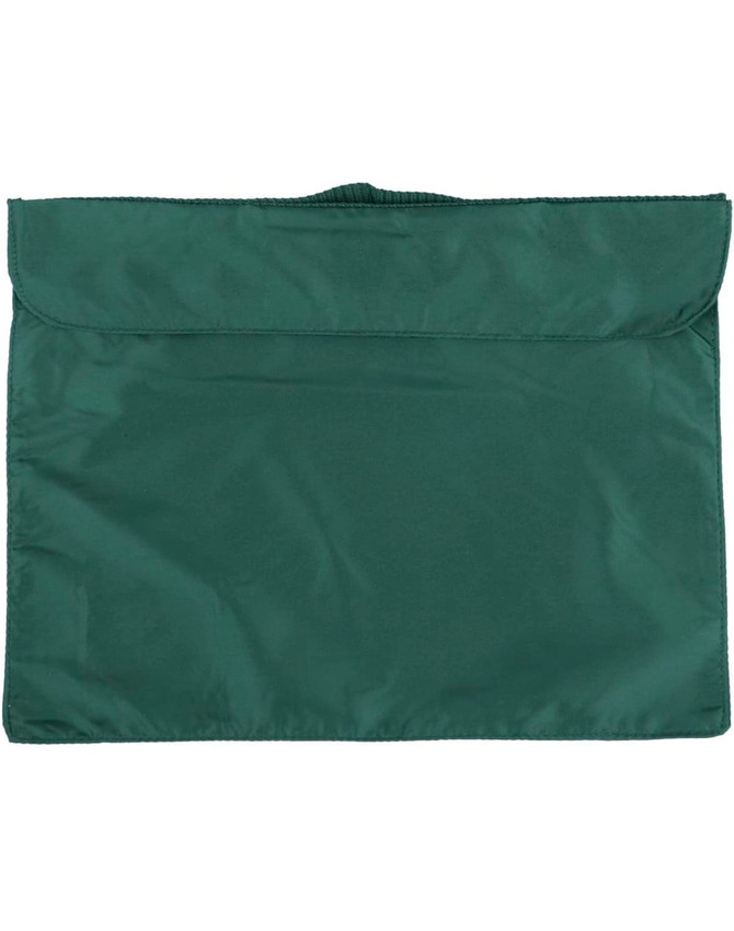 A green satchel with a flap closure and a handle on top. The fabric appears smooth and durable.