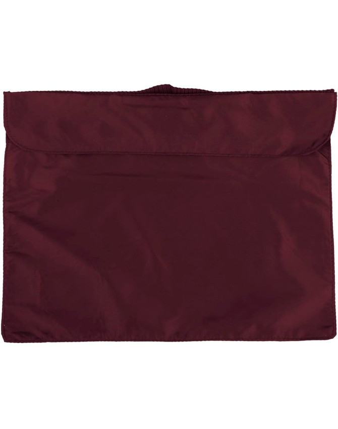 A maroon satchel with a flap closure and handle, featuring a simple, unadorned design.