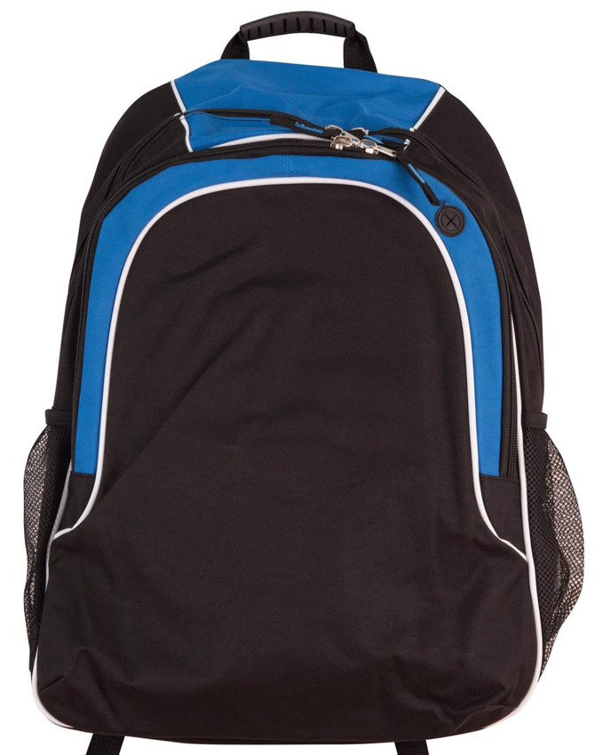 A black backpack with blue accents, featuring zippered compartments and mesh side pockets. It has a logo on the front.