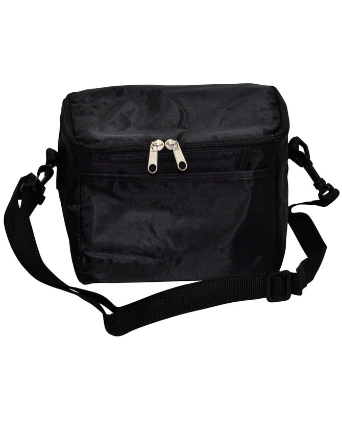 A black cooler bag with a zippered main compartment and an adjustable shoulder strap. It features a logo.