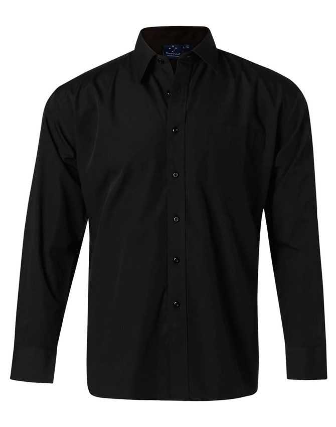 A black long sleeve button-up business shirt with a pocket and branding on the label.