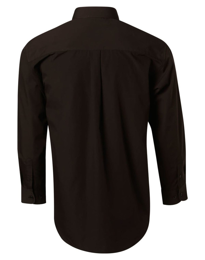 A black Men's Poplin Long Sleeve Business Shirt displayed from the back, featuring a button-up design and a logo.