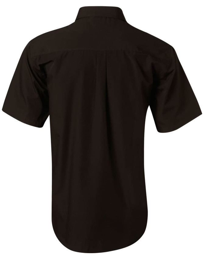 A black short sleeve button-up business shirt featuring a smooth design and a logo on the back.