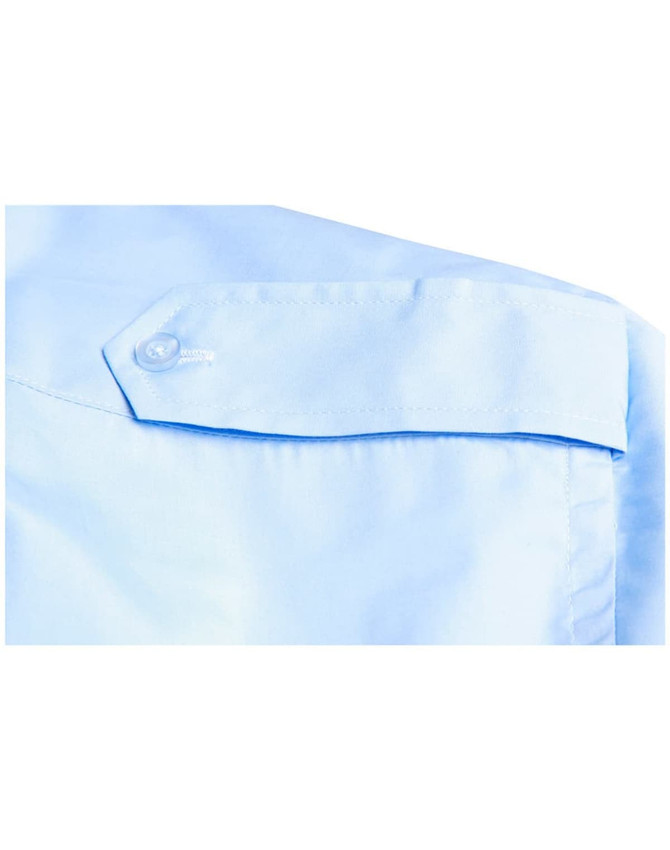 A light blue button-up shirt featuring an epaulette detail and a small logo on the shoulder.