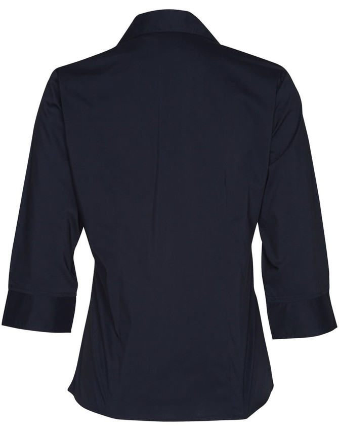 A navy women's button-up shirt with 3/4 sleeves and a collared neckline, featuring a logo.