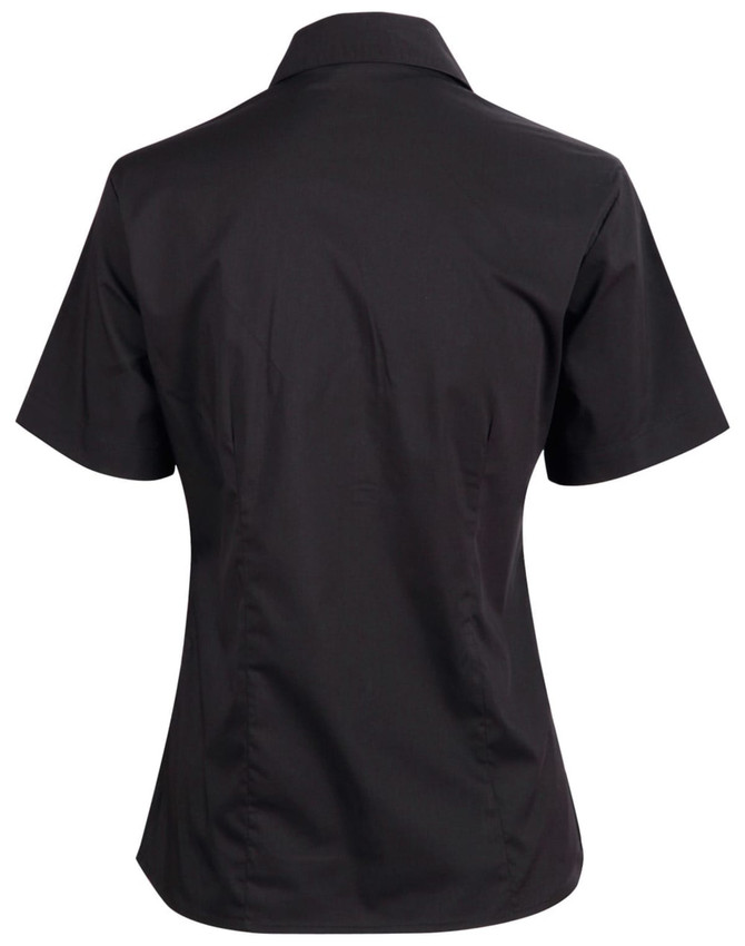A black short sleeve button-up shirt with a fitted design and a collar, featuring a logo on the side.