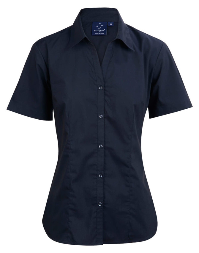 A short sleeve, button-up shirt in black with a fitted design and a collar, featuring a logo on the label.