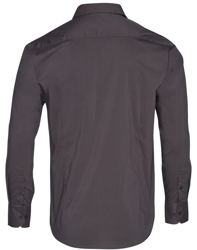 A dark grey long sleeve button-up shirt with a back yoke and cuffed sleeves, featuring a logo.